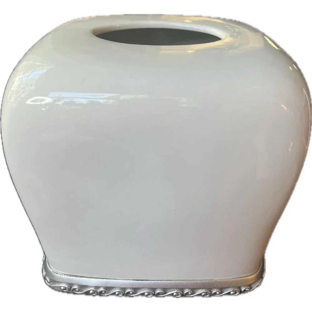 Ceramic Square Tissue Box Cover Holder White with Silver Embellishments Elegant